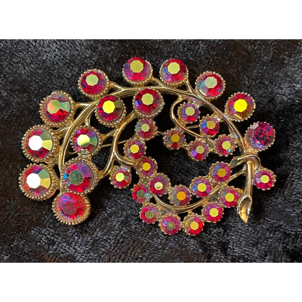 Vtg AB Brooch Ruby Aurora Borealis Rhinestones Gold Tone